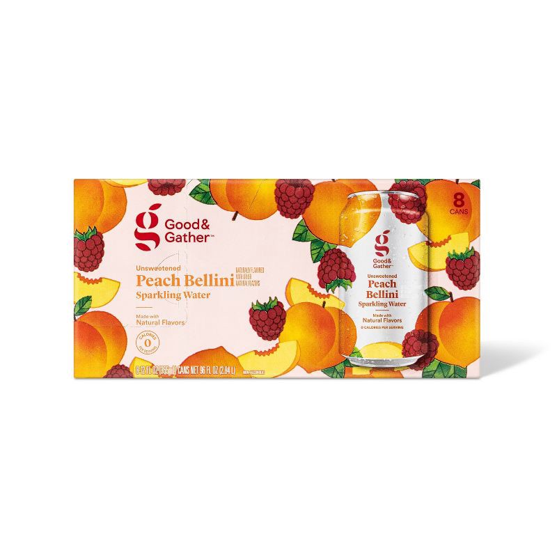 slide 1 of 4, Peach Bellini Unsweetened Sparkling Water - 8pk/12 fl oz Cans - Good & Gather™, 8 ct; 12 fl oz