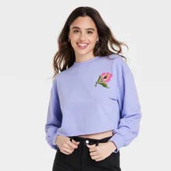Latino Heritage Month Women's 'Hoy Es Un Buen Dia' Cropped Knit Pullover Sweatshirt - Purple Floral XL