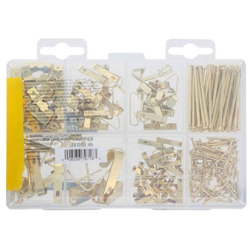 slide 7 of 9, Hillman 10lbs-100lbs Picture Hanging Kit: Steel Hooks & Hangers, Gold, 206 Pieces, Picture Hooks & Hangers, 10 lb, 100 lb, 206 ct