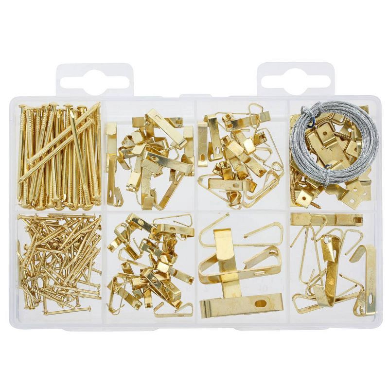 slide 8 of 9, Hillman 10lbs-100lbs Picture Hanging Kit: Steel Hooks & Hangers, Gold, 206 Pieces, Picture Hooks & Hangers, 10 lb, 100 lb, 206 ct
