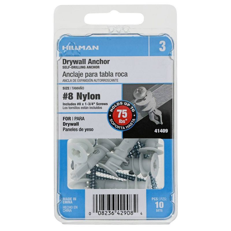 slide 5 of 6, Hillman Wallboard Anchors: Drywall Screw Anchors Set, Includes Screws & Anchors, Plastic & Steel, 20 Pieces, White, 20 ct