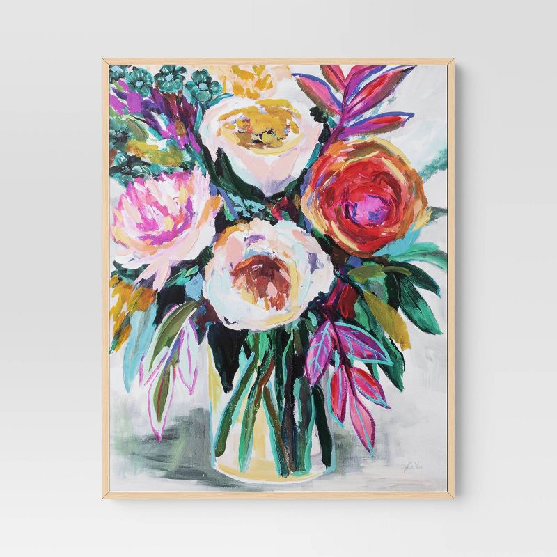 slide 1 of 4, 24" x 30" Colorful Floral Framed Canvas Natural - Threshold™, 1 ct