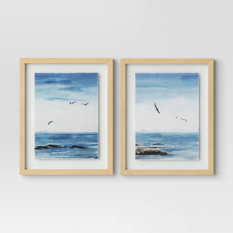 slide 1 of 5, (Set of 2) 16" x 20" Seascape Framed Art Set Natural - Threshold™: Vertical Wall Art, Blockprint Style, 1 ct