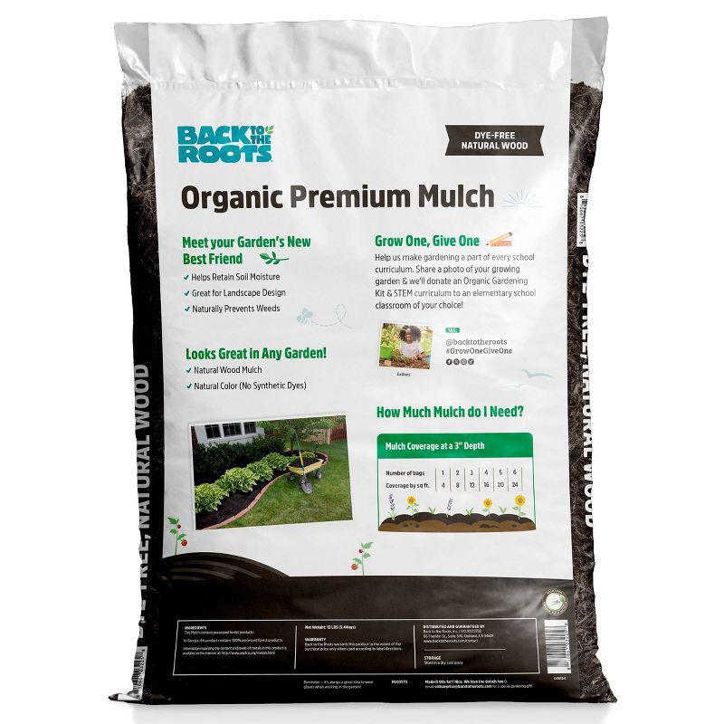 slide 10 of 12, Back to the Roots 20lbs Organic Premium Mulch Natural Hardwood Brown: Weed Control, Moisture Retention, 20 lb
