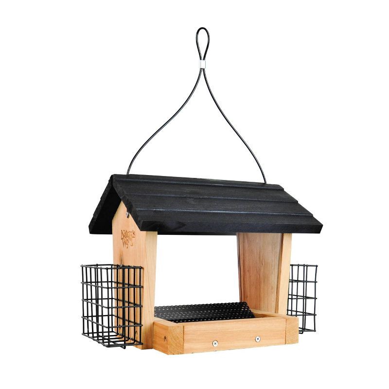 slide 1 of 7, Nature's Way Bird Products 3qt Cedar Hopper Feeder with Suet Cages 8.5": Attracts Cardinals & Woodpeckers, Easy Clean, 3 qt