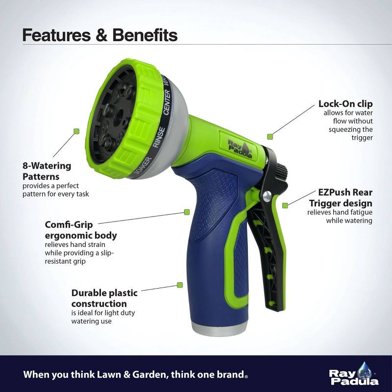 slide 5 of 7, Ray Padula 8-Pattern Rear Trigger Plastic Nozzle: Comfi-Grip, Leak & Weatherproof, 1 ct