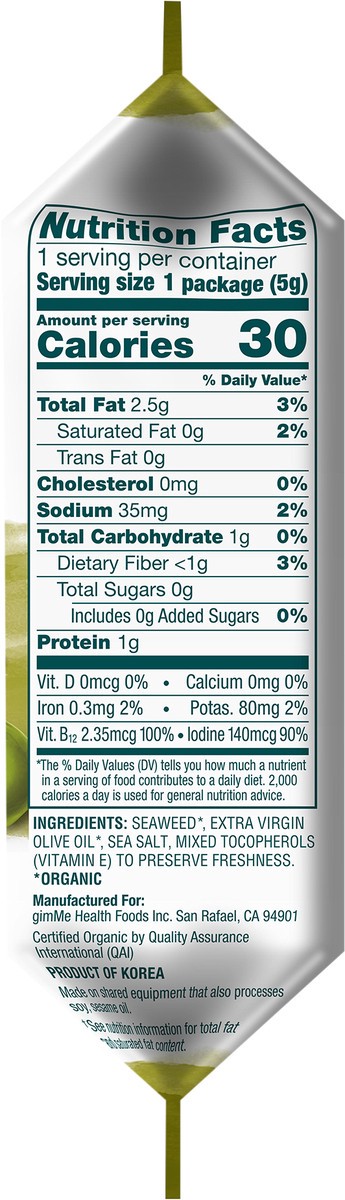 slide 6 of 7, gimMe Organic Roasted Extra Virgin Olive Oil Seaweed Snacks 0.17 oz, 0.17 oz