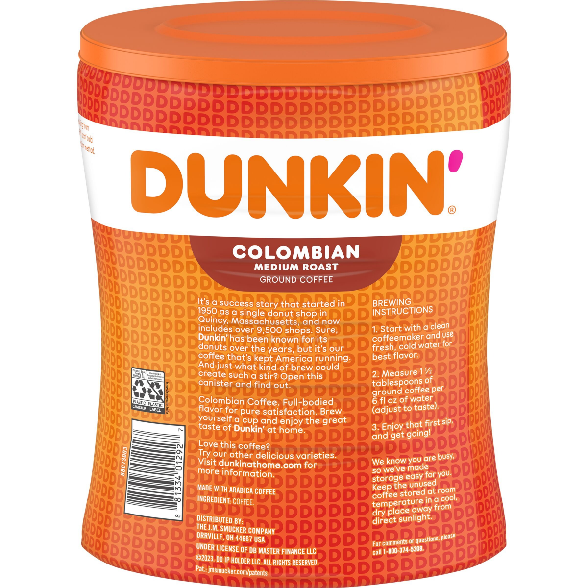 slide 2 of 4, Dunkin' Dunkin’ Colombian Medium Roast Ground Coffee, 27.5 Oz. Canister, 27.5 oz