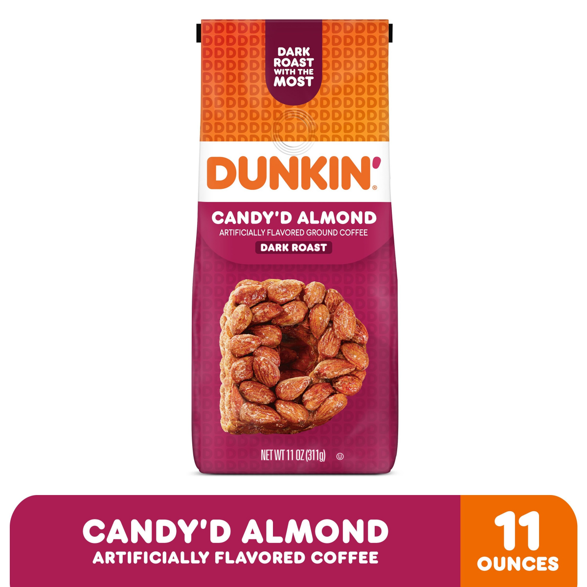 slide 1 of 8, Dunkin' Candy'D Almond Flavored Ground Coffee, 11 Oz. Bag, 11 oz