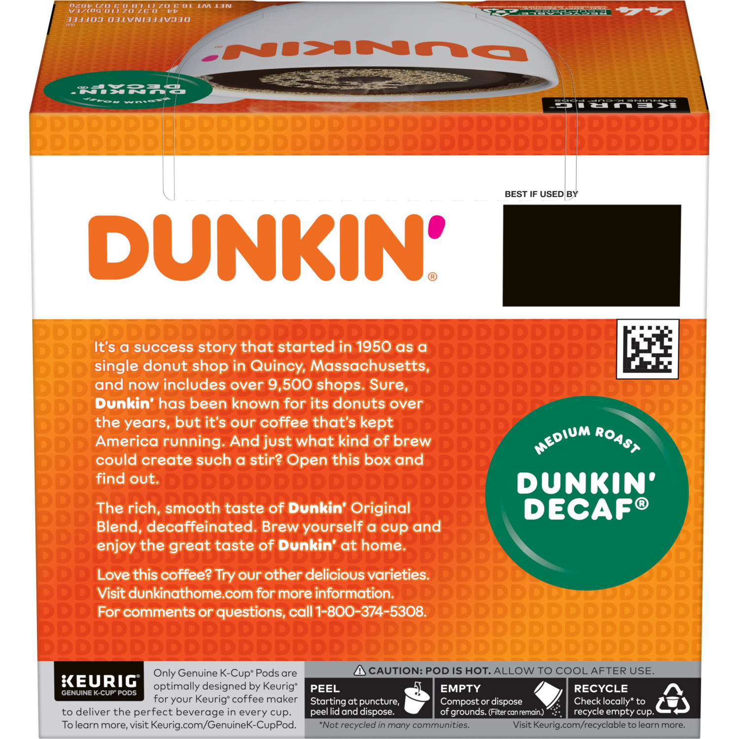 slide 4 of 5, Dunkin'' Decaf Medium Roast Coffee, Keurig K-Cup Pods, 44 Count Box, 16.29 oz