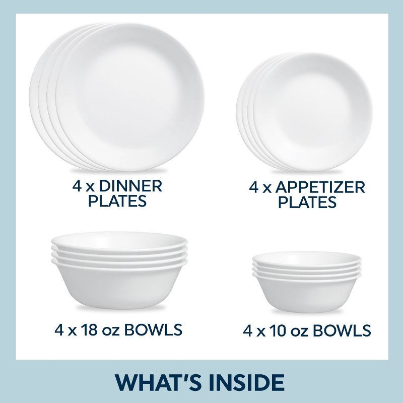 slide 4 of 7, Corelle 16pc Winter Frost White Dinnerware Set: Microwave & Dishwasher Safe, Service for 4, Includes Plates & Bowls, 16 ct