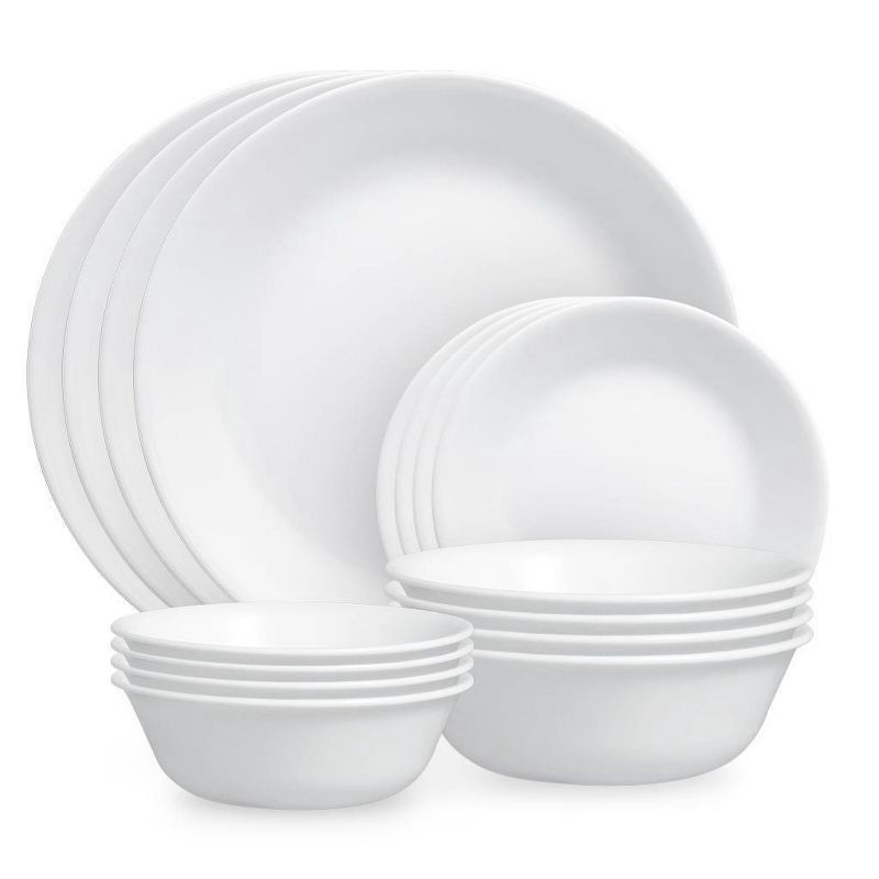 slide 1 of 5, Corelle 16pc Winter Frost White Dinnerware Set: Microwave & Dishwasher Safe, Service for 4, Includes Plates & Bowls, 16 ct