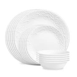 Corelle 18pc Vitrelle Embossed Bella Faenza Dinnerware Set White: Floral Pattern, Service for 6, Dishwasher & Microwave Safe