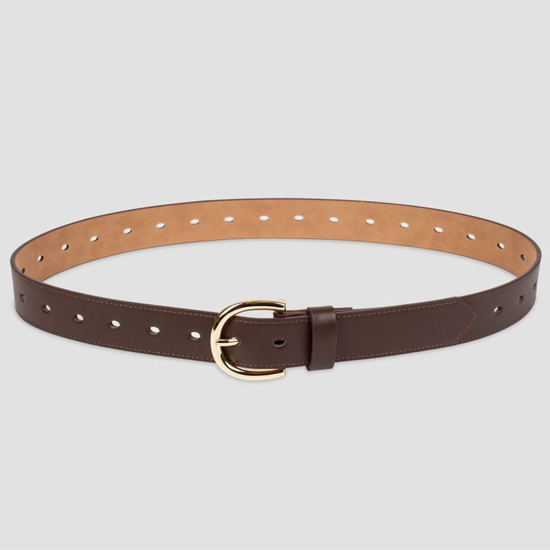 slide 3 of 3, Women's Laser Cut Belt - A New Day™ Brown XS: Adjustable Strap, Solid Pattern, Buckle Closure, Polyurethane & Leather, 1 ct