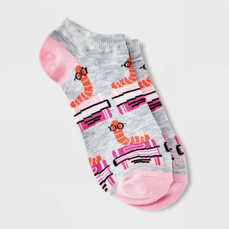 slide 1 of 2, Women's Bookworm Low Cut Socks - Gray/Pink 4-10: Fun Animal Icon, Lightweight, Banded Cuff, 1 ct