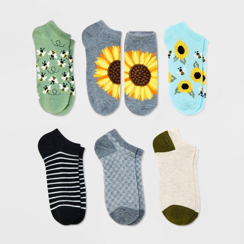 slide 1 of 2, Women's Garden Bees 6pk Low Cut Socks - Olive Green/Black/Heather Gray 4-10: Recycled Polyester, Banded Cuff, 6 ct