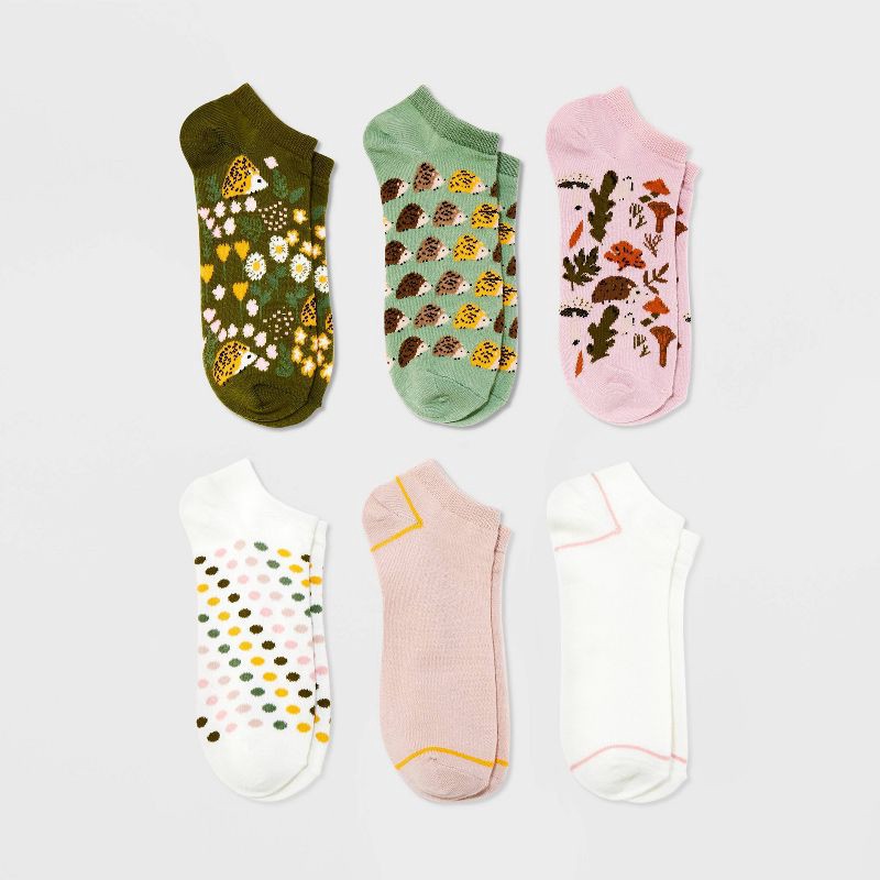 slide 1 of 2, Women's Hedgehog 6pk Low Cut Socks - Assorted Colors 4-10: Lightweight Banded Cuff, Tree Pattern, 6 ct
