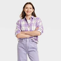 Women's Long Sleeve Flannel Button-Down Shirt - Universal Thread Purple Plaid S