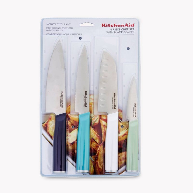 slide 3 of 9, KitchenAid 4pc Chef Knife Set White/Dark Blue/Aqua Blue: High Carbon Stainless Steel, Dishwasher-Safe, Comfort-Grip Handle, 4 ct