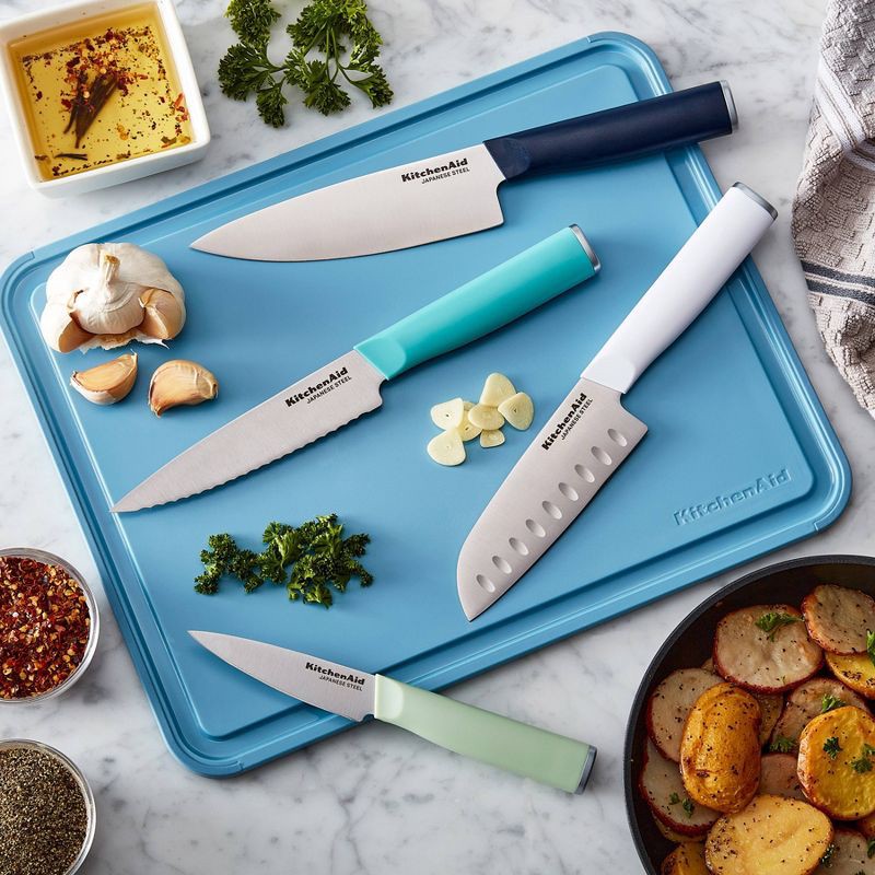 slide 4 of 9, KitchenAid 4pc Chef Knife Set White/Dark Blue/Aqua Blue: High Carbon Stainless Steel, Dishwasher-Safe, Comfort-Grip Handle, 4 ct