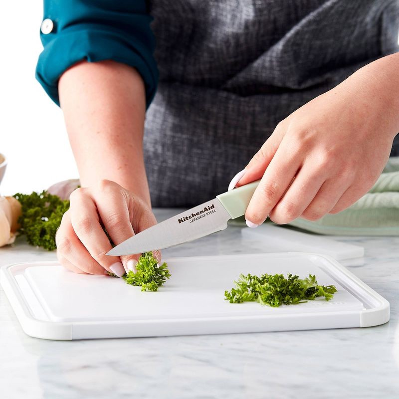 slide 9 of 9, KitchenAid 4pc Chef Knife Set White/Dark Blue/Aqua Blue: High Carbon Stainless Steel, Dishwasher-Safe, Comfort-Grip Handle, 4 ct