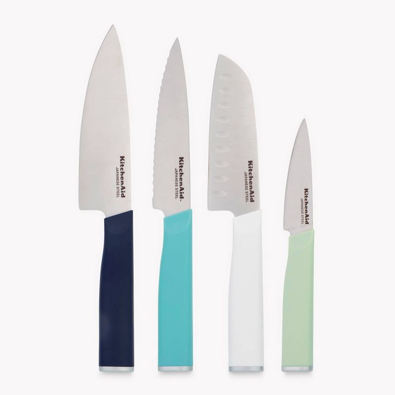 slide 1 of 9, KitchenAid 4pc Chef Knife Set White/Dark Blue/Aqua Blue: High Carbon Stainless Steel, Dishwasher-Safe, Comfort-Grip Handle, 4 ct