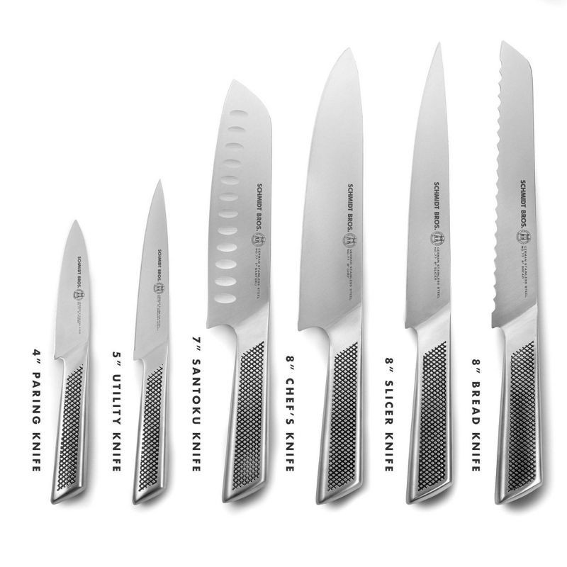 slide 5 of 5, Schmidt Bros Cutlery Gridiron 7pc Knife Block Set Silver/Gray Wash: Stainless Steel Knives with Block, Hand Wash, Lifetime Warranty, 7 ct