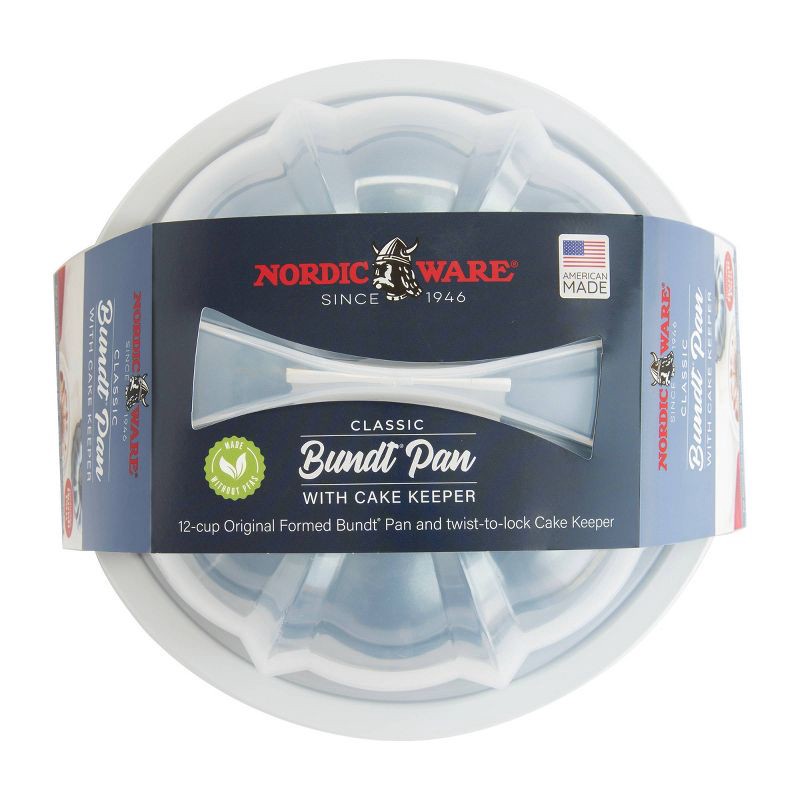 slide 4 of 7, Nordic Ware 12 Cup Formed Aluminum Bundt Pan Blue with Cake Keeper: Nonstick Baking Pan, Dishwasher-Safe, 10-Year Warranty, 1 ct