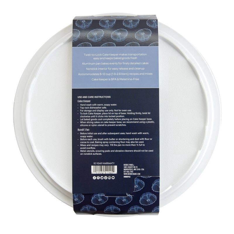slide 5 of 7, Nordic Ware 12 Cup Formed Aluminum Bundt Pan Blue with Cake Keeper: Nonstick Baking Pan, Dishwasher-Safe, 10-Year Warranty, 1 ct