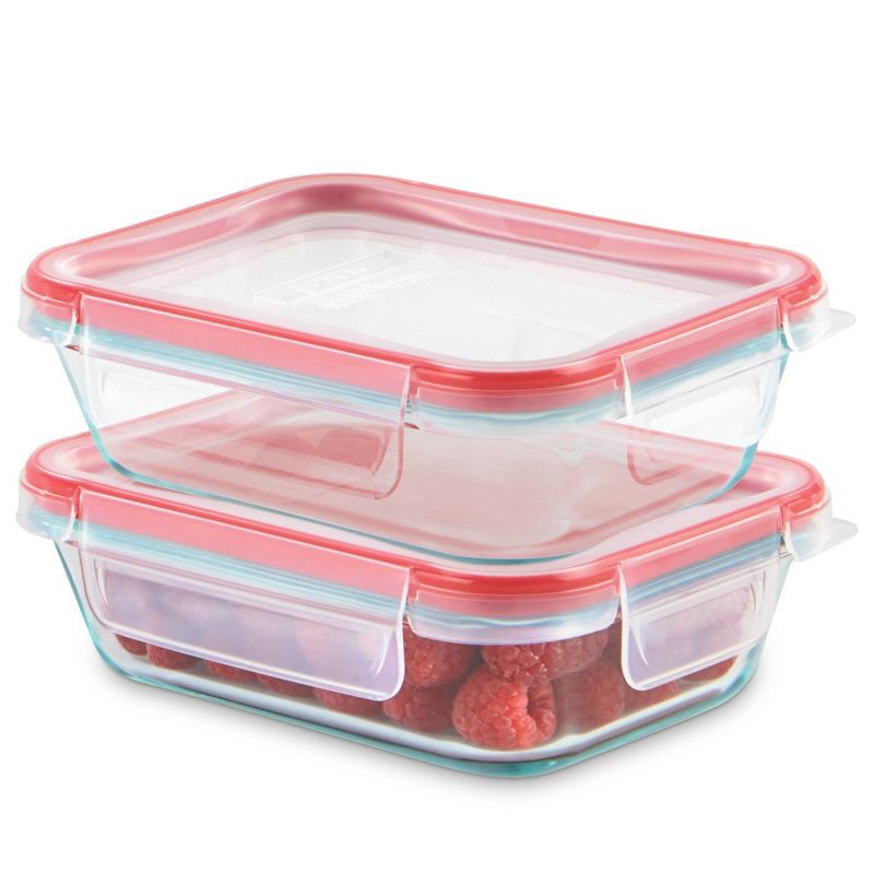 slide 1 of 5, Pyrex Freshlock 2pc Glass Value Pack Rectangle Baking Dish Red: Freezer & Microwave Safe, 16 Volume, 2 Year Warranty, 2 ct