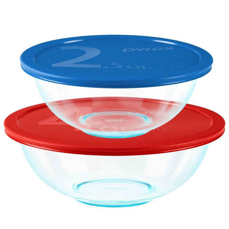 slide 1 of 5, Pyrex 2pc 4qt and 2.5qt Glass Mixing Bowls with Plastic Lids, 2 ct, 4 qt, 2.5 qt