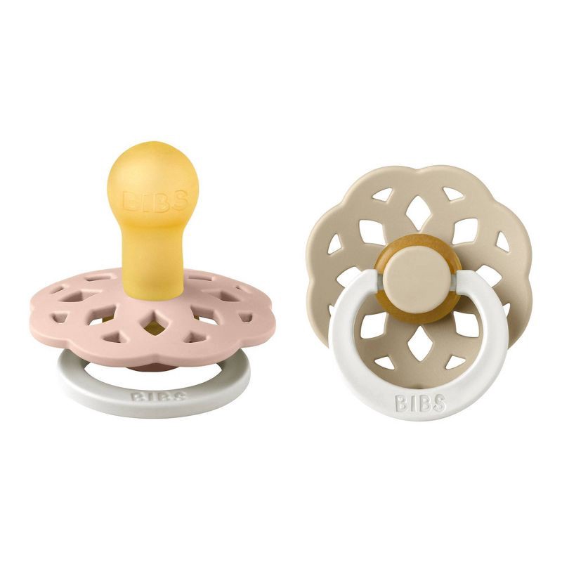 slide 1 of 8, Bibs Boheme Glow in the Dark Latex Pacifier 0-6m - Blush Glow/Vanilla Glow - 2pk: Rubber, Vents for Air Circulation, BPA-Free, 2 ct