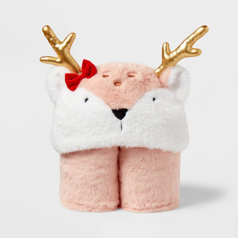 slide 3 of 3, Deer Holiday Kids' Hooded Blanket Pink - Pillowfort™, 1 ct