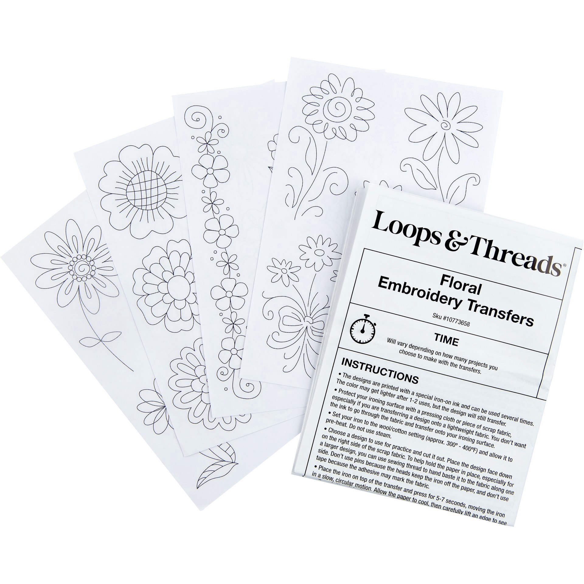 slide 3 of 3, Floral Iron-On Embroidery Transfer Set By Loops & Threads, 20 flowers
