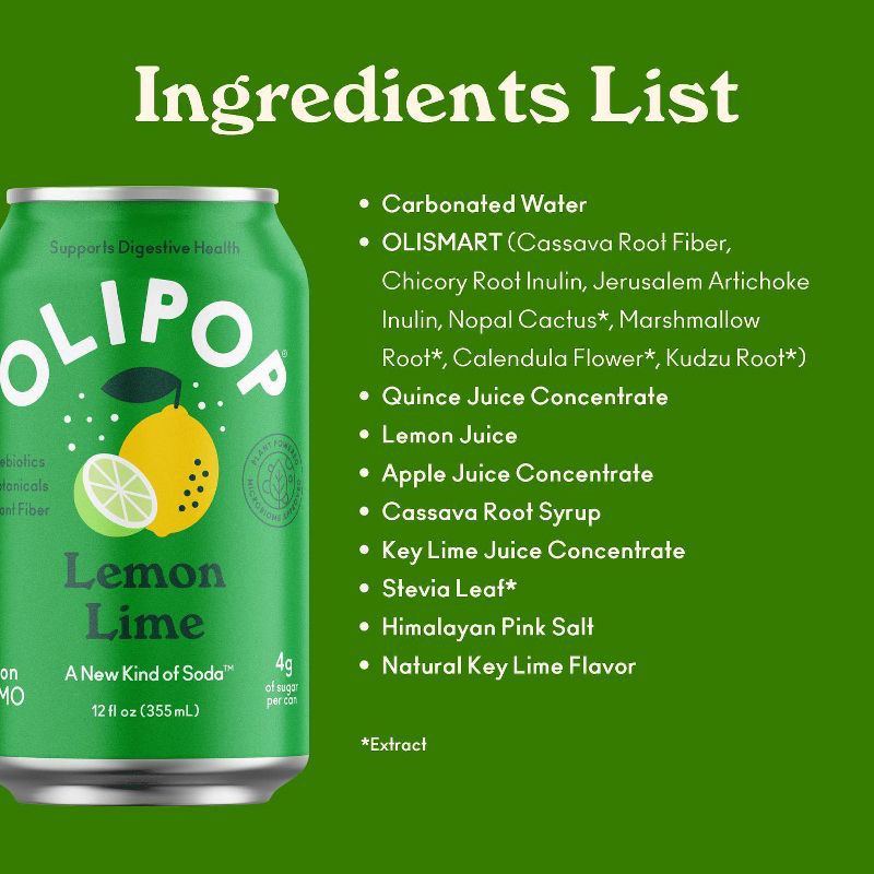 slide 6 of 6, OLIPOP Lemon Lime Prebiotic Soda - 12 fl oz Can, 12 fl oz