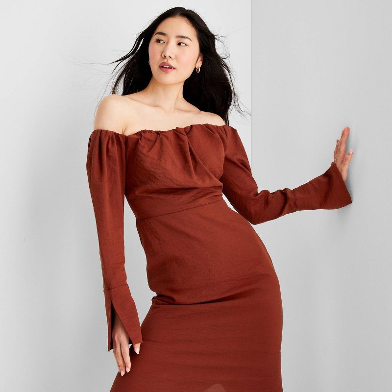 slide 2 of 3, Women's Off the Shoulder Long Sleeve Midi Dress - Future Collective with Reese Blutstein Rust 2, 1 ct
