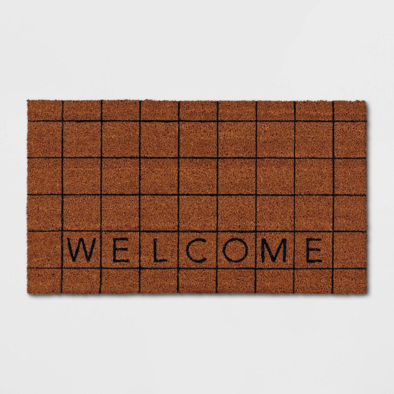 slide 1 of 4, 1'4"x2'4" Welcome Grid Rectangular Outdoor Door Mat Blue - Room Essentials™, 1 ct