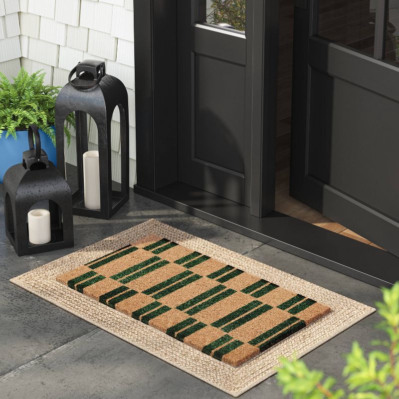 slide 2 of 4, 1'4"x2'4" Blocks Rectangular Outdoor Door Mat Green - Room Essentials™: Coir Material, Shake Clean, Medium Pile, 1 ct