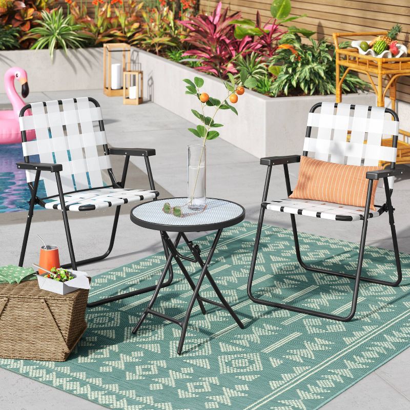 slide 2 of 6, Glass Round Printed Folding Outdoor Portable Side Table Blue/White/Black - Room Essentials™, 1 ct