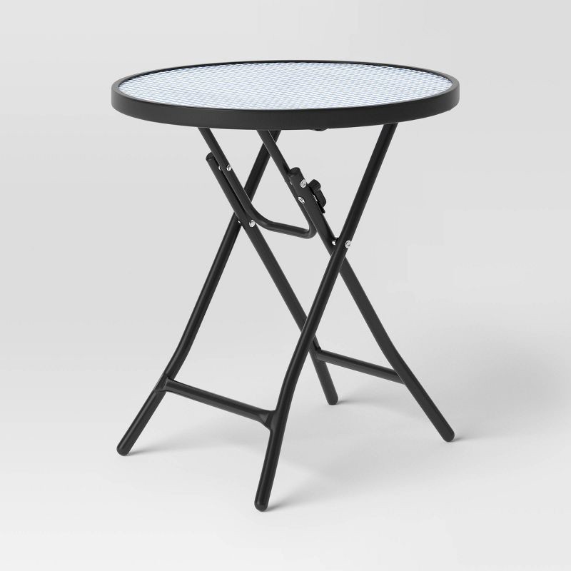 slide 1 of 6, Glass Round Printed Folding Outdoor Portable Side Table Blue/White/Black - Room Essentials™, 1 ct