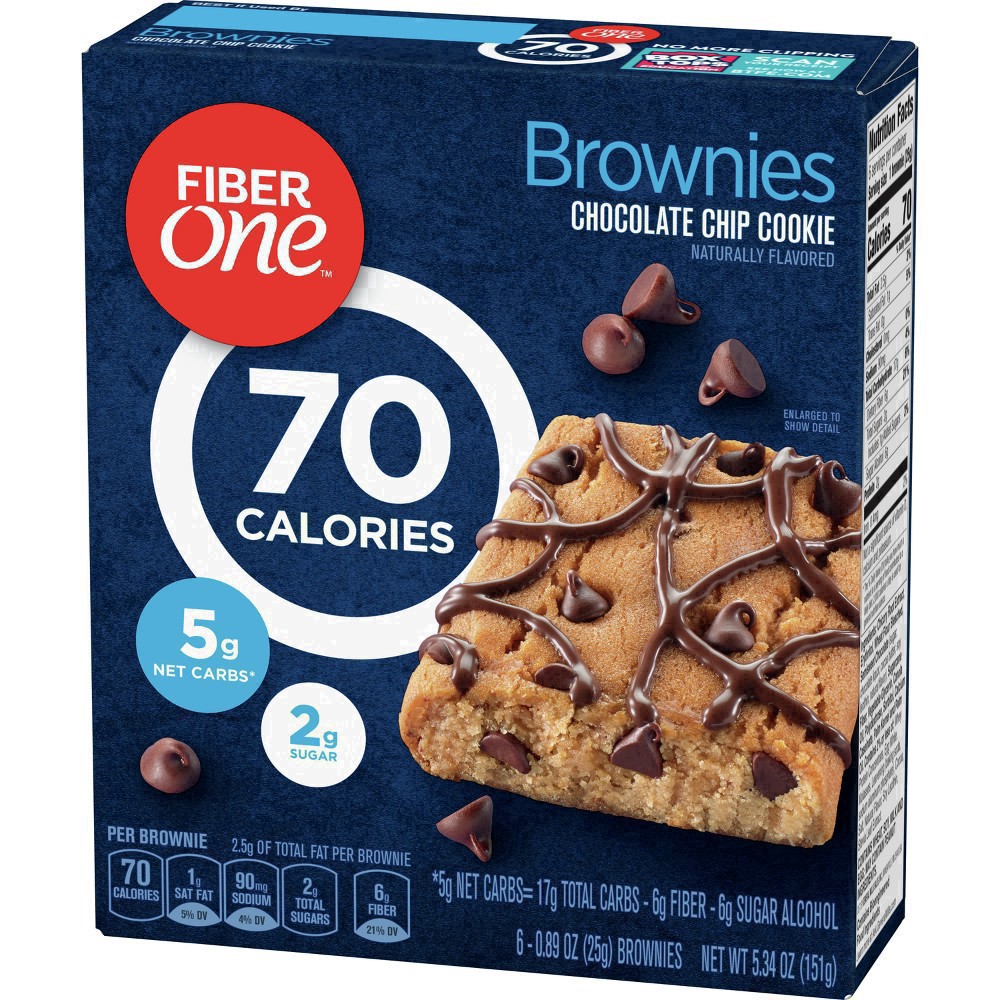 slide 64 of 89, Fiber One 70 Calorie Brownies, Chocolate Chip Cookie, Snack Bars, 6 ct, 6 ct