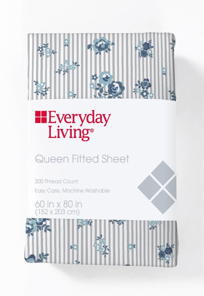 slide 1 of 1, Everyday Living 200 Thread Count Cotton/Polyester Fitted Sheet - Peonies Pinstripe, Queen Size