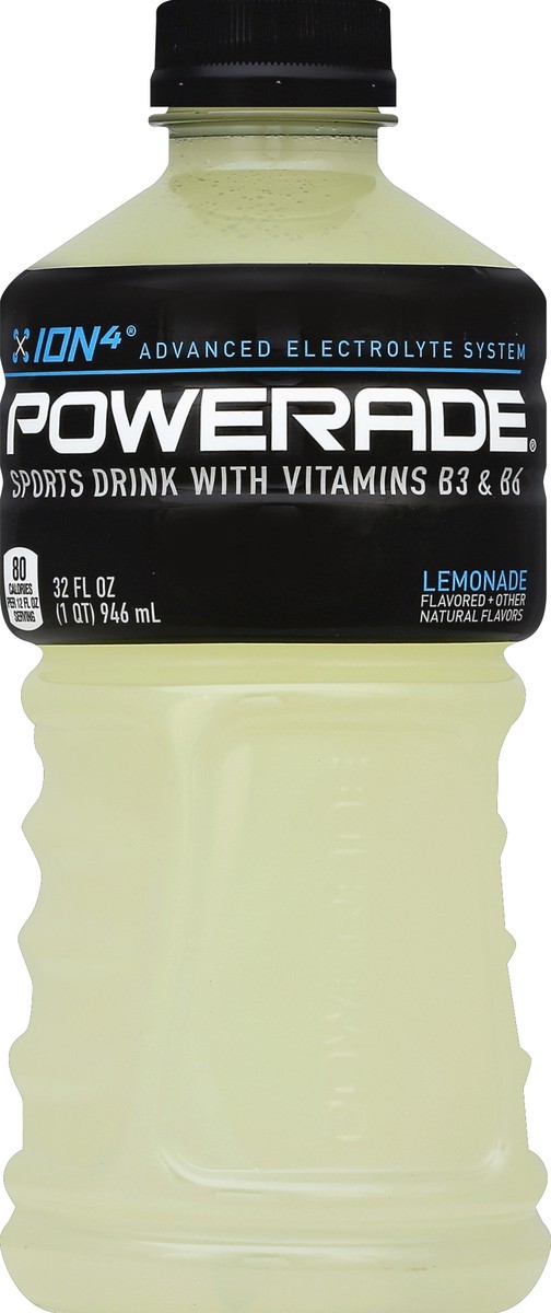 slide 2 of 4, POWERADE Lemonade, ION4 Electrolyte Enhanced Fruit Flavored Sports Drink w/ Vitamins B3, B6, and B12, Replenish Sodium, Calcium, Potassium, Magnesium- 32 fl oz, 32 fl oz