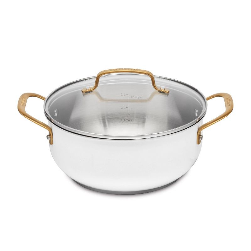 slide 1 of 3, Cuisinart Classic 4.5qt Stainless Steel Dutch Oven with Cover and Brushed Gold Handles Matte White: Dishwasher & Oven Safe Pot, 4.5 qt