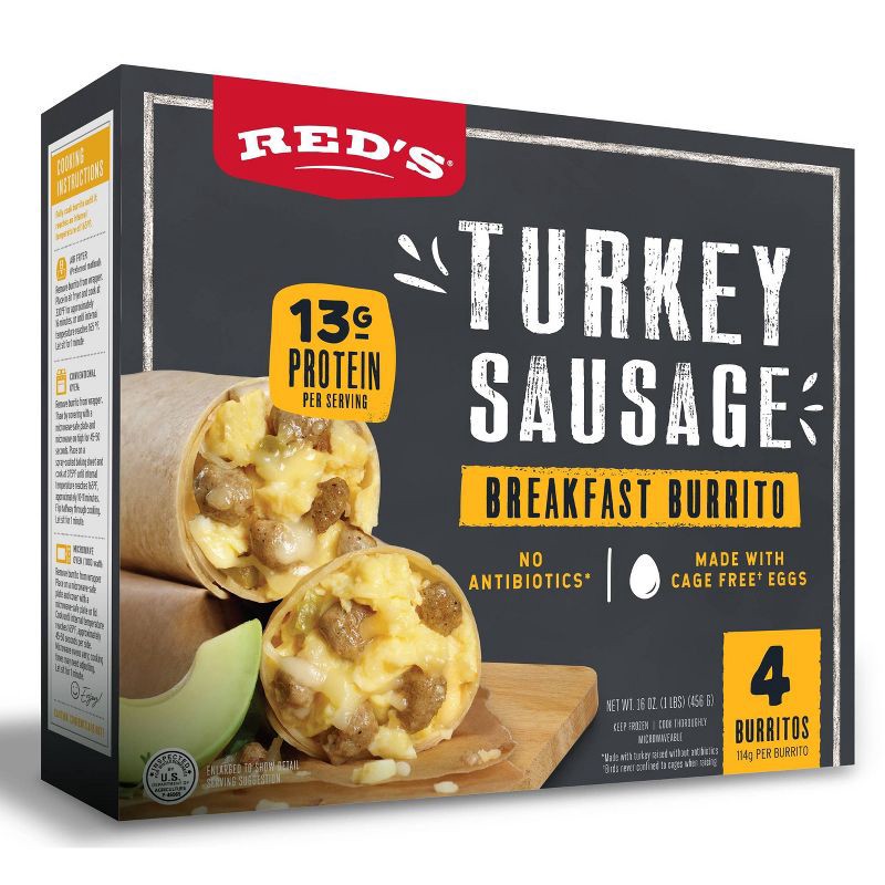 slide 4 of 5, Red's All Natural Red's Frozen Turkey Sausage Breakfast Burrito - 16oz/4ct, 4 ct; 16 oz