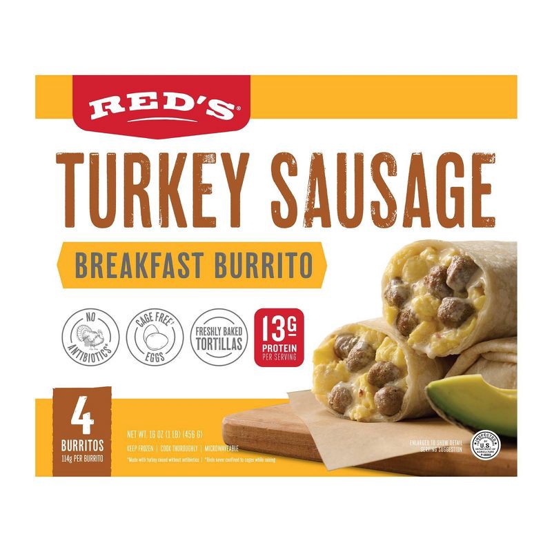 slide 1 of 15, Red's All Natural Red's Frozen Turkey Sausage Breakfast Burrito - 4oz/4ct, 4 ct; 4 oz