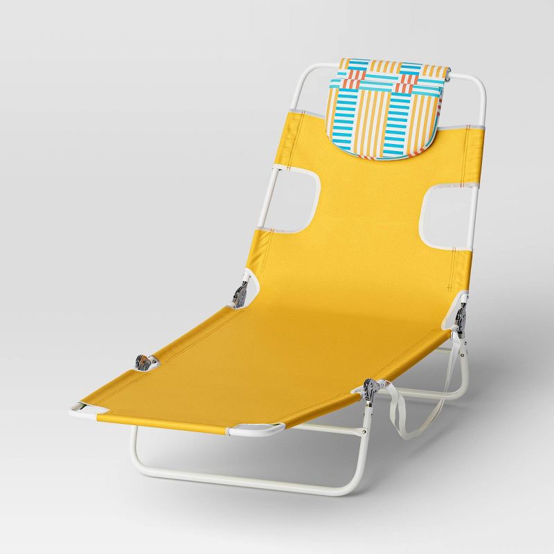 slide 1 of 4, Recycled Fabric Outdoor Portable Beach Lounger with Headrest Yellow - Sun Squad™: Weather-Resistant, Steel Frame, 1 ct