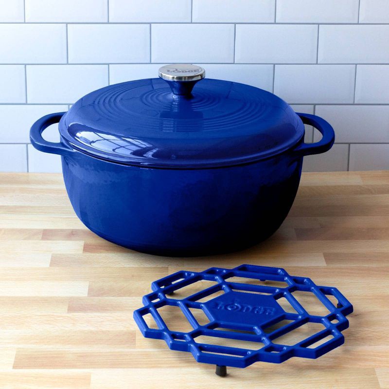 slide 3 of 4, Lodge 6qt Cast Iron Enamel Dutch Oven Blue: Porcelain-Coated, Round, Stainless Steel Handle, Hand Wash Only, 6 qt