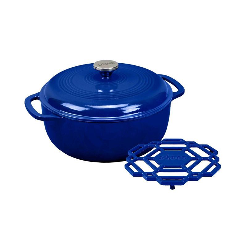 slide 1 of 4, Lodge 6qt Cast Iron Enamel Dutch Oven Blue: Porcelain-Coated, Round, Stainless Steel Handle, Hand Wash Only, 6 qt