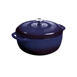Lodge 6qt Cast Iron Enamel Dutch Oven Blue: Porcelain-Coated, Round, Stainless Steel Handle, Hand Wash Only